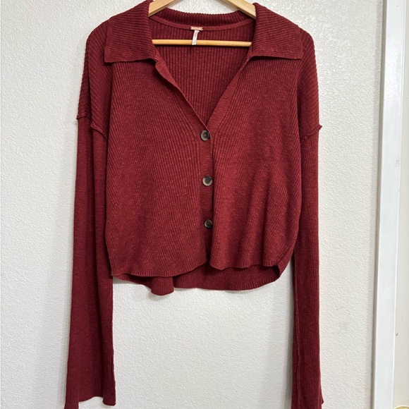 Free People Ella Sweater Ribbed Collared Cardigan Coquette Boho Crop Top - Picture 2 of 7